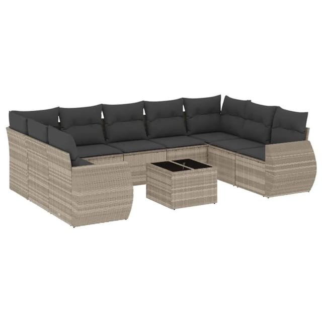 vidaXL 10-Tlg Garten-Sofagarnitur mit Kissen Hellgrau Poly Rattan 3221811