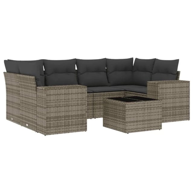 vidaXL 7-Tlg Garten-Sofagarnitur mit Kissen Grau Poly Rattan 3222319