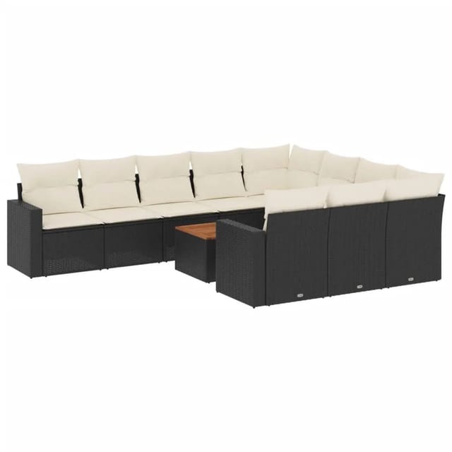 vidaXL 11-Tlg Garten-Sofagarnitur mit Kissen Schwarz Poly Rattan 3224299