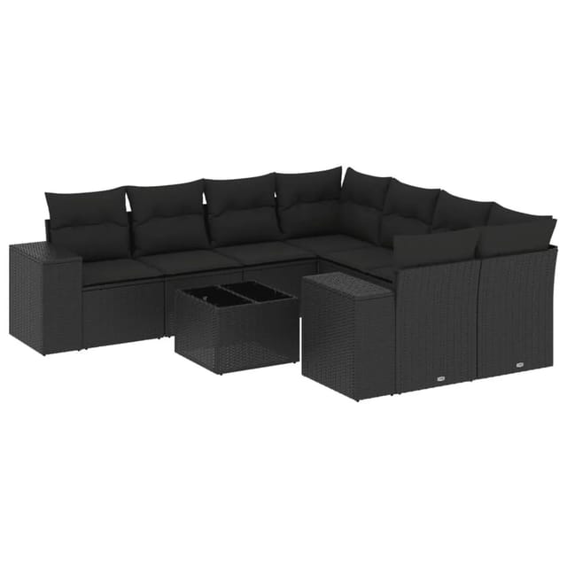 vidaXL 9-Tlg Garten-Sofagarnitur mit Kissen Schwarz Poly Rattan 3222354