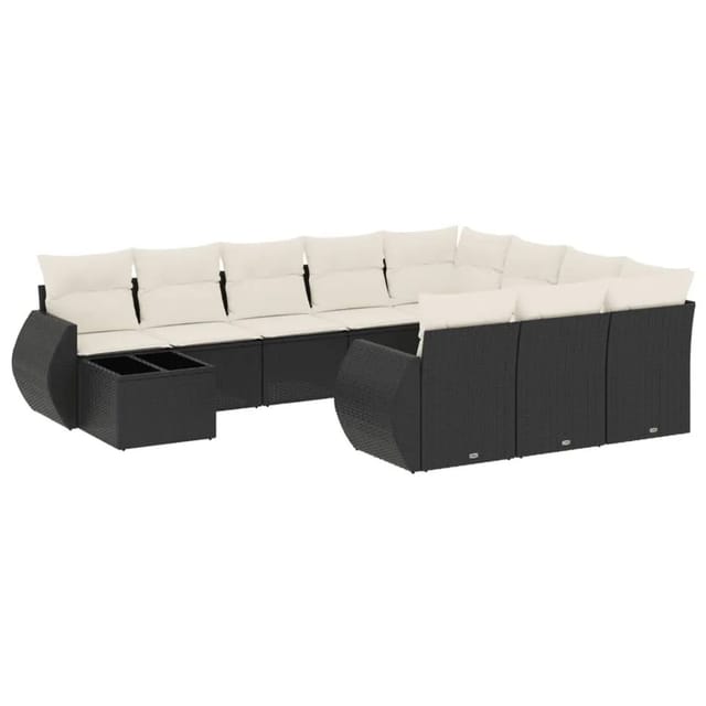 vidaXL 11-Tlg Garten-Sofagarnitur mit Kissen Schwarz Poly Rattan 3221925