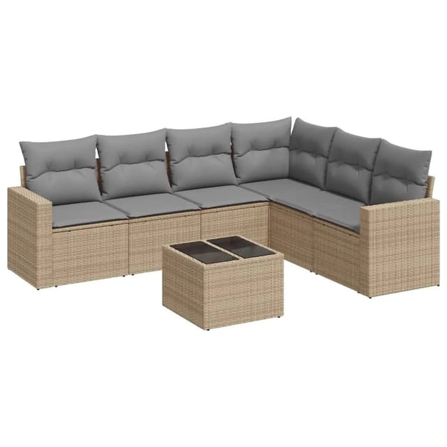 vidaXL 7-Tlg Garten-Sofagarnitur mit Kissen Beige Poly Rattan 3251356