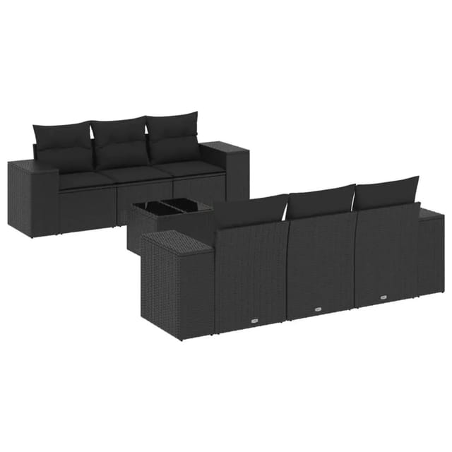 vidaXL 7-Tlg Garten-Sofagarnitur mit Kissen Schwarz Poly Rattan 3222304