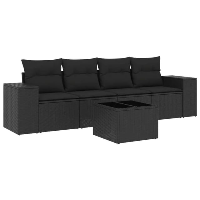 vidaXL 5-Tlg Garten-Sofagarnitur mit Kissen Schwarz Poly Rattan 3222284