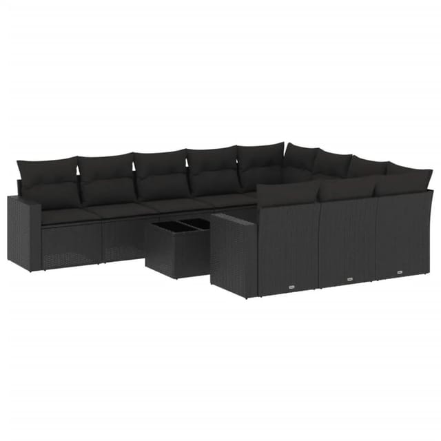 vidaXL 11-Tlg Garten-Sofagarnitur mit Kissen Schwarz Poly Rattan 3251832