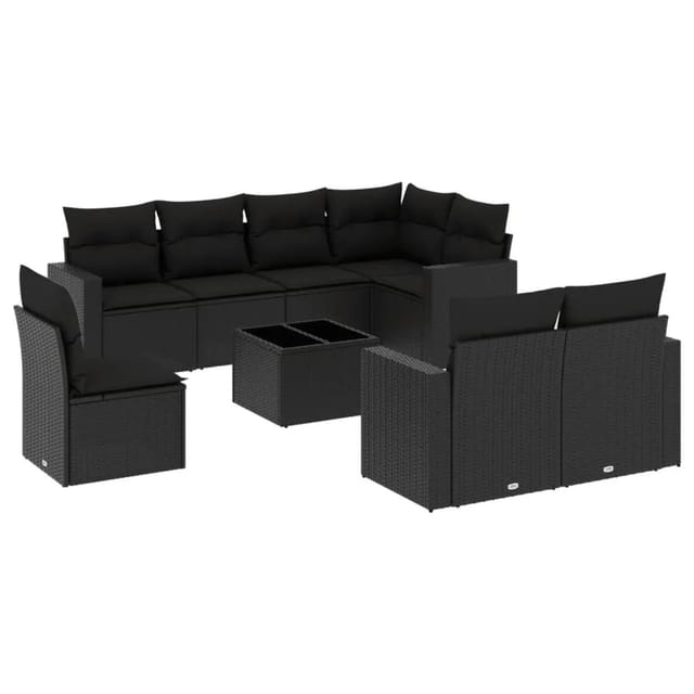 vidaXL 9-Tlg Garten-Sofagarnitur mit Kissen Schwarz Poly Rattan 3251582