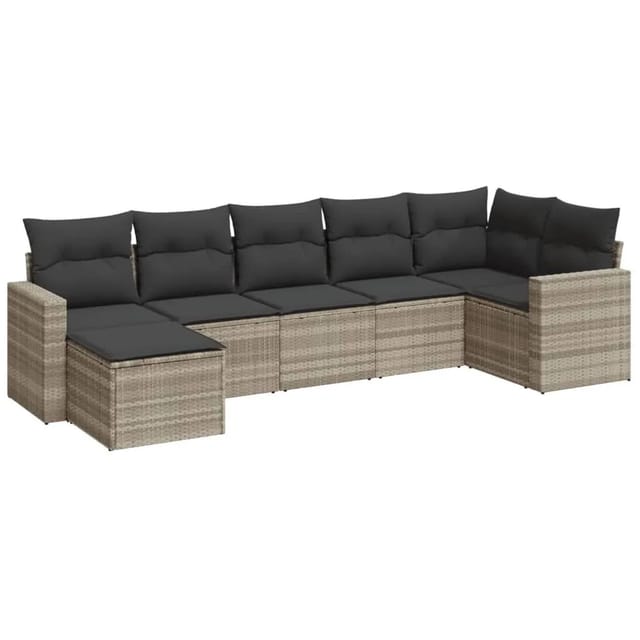 vidaXL 7-Tlg Garten-Sofagarnitur mit Kissen Hellgrau Poly Rattan 3251619