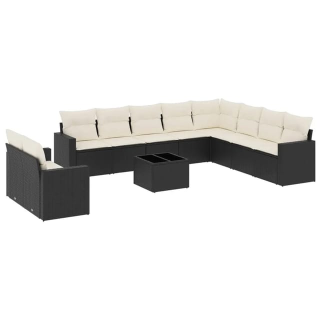 vidaXL 11-Tlg Garten-Sofagarnitur mit Kissen Schwarz Poly Rattan 3251513