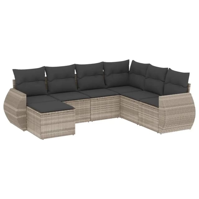 vidaXL 7-Tlg Garten-Sofagarnitur mit Kissen Hellgrau Poly Rattan 3221701