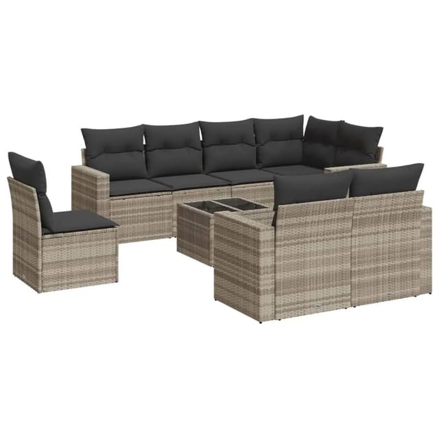 vidaXL 9-Tlg Garten-Sofagarnitur mit Kissen Hellgrau Poly Rattan 3251589