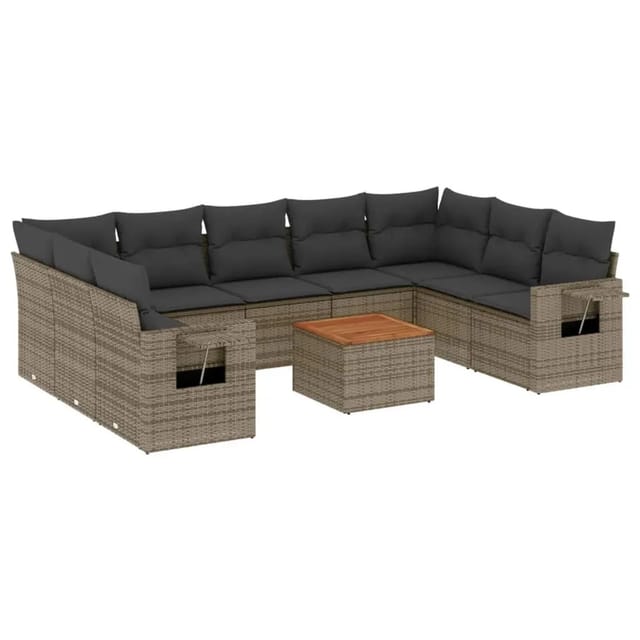 vidaXL 10-Tlg Garten-Sofagarnitur mit Kissen Grau Poly Rattan 3224709