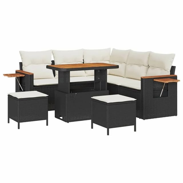 vidaXL Gartensofa-Set mit Kissen 9 Stk Schwarz und Creme Poly-Rattan 3365125
