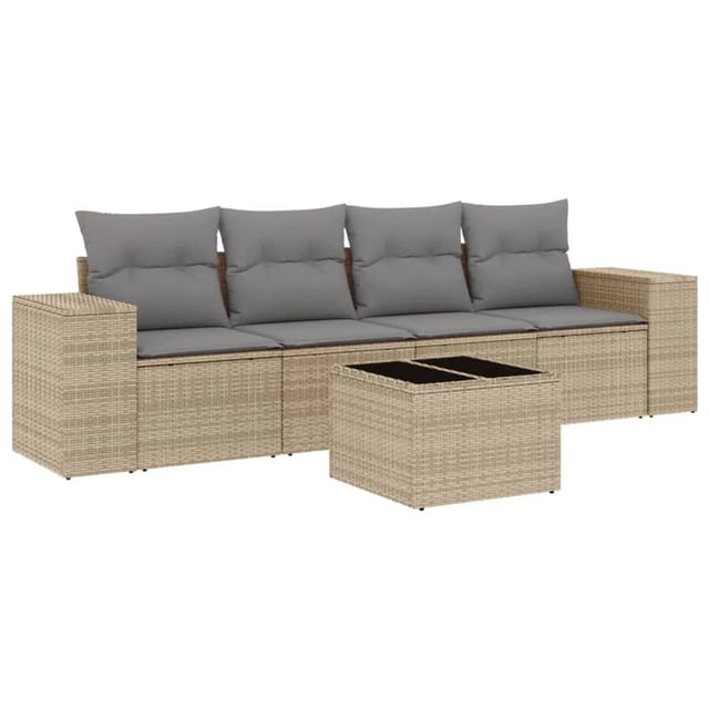 vidaXL 5-Tlg Garten-Sofagarnitur mit Kissen Beige Poly Rattan 3222288