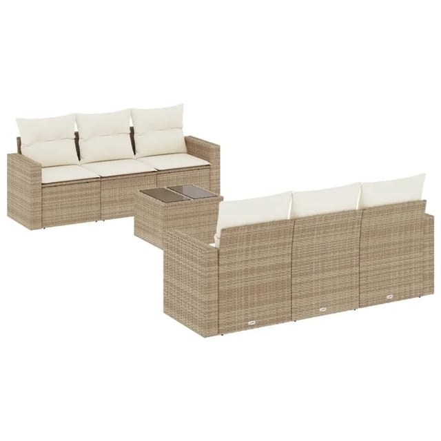 vidaXL 7-Tlg Garten-Sofagarnitur mit Kissen Beige Poly Rattan 3251045