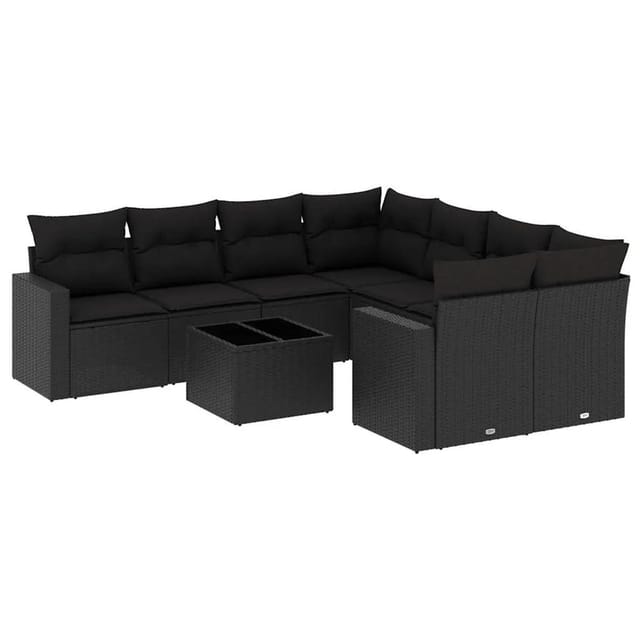vidaXL 9-Tlg Garten-Sofagarnitur mit Kissen Schwarz Poly Rattan 3251092