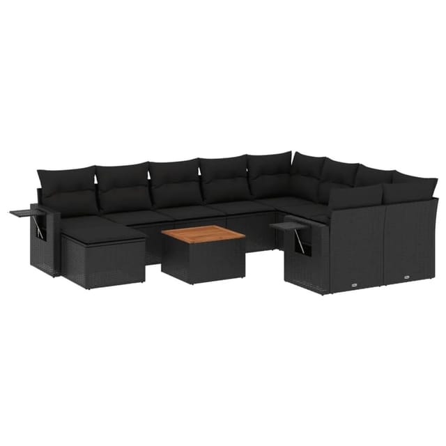 vidaXL 11-Tlg Garten-Sofagarnitur mit Kissen Schwarz Poly Rattan 3224851