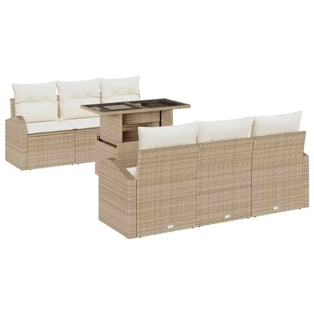 vidaXL Gartensofa-Set mit Kissen mit Speicher 7 Stk Beige Poly Rattan 3357304
