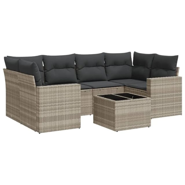 vidaXL 7-Tlg Garten-Sofagarnitur mit Kissen Hellgrau Poly Rattan 3251059