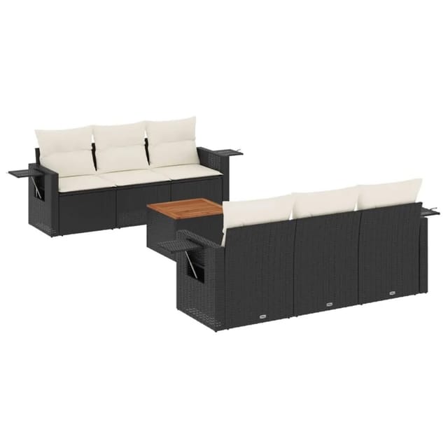 vidaXL 7-Tlg Garten-Sofagarnitur mit Kissen Schwarz Poly Rattan 3224453
