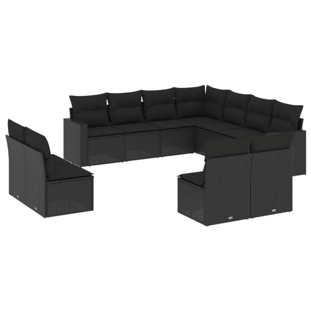vidaXL 11-Tlg Garten-Sofagarnitur mit Kissen Schwarz Poly Rattan 3251462