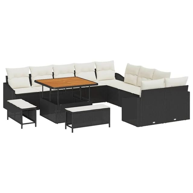 vidaXL Gartensofa-Set mit Kissen 13 Stk Schwarz Poly Rattan 3364655