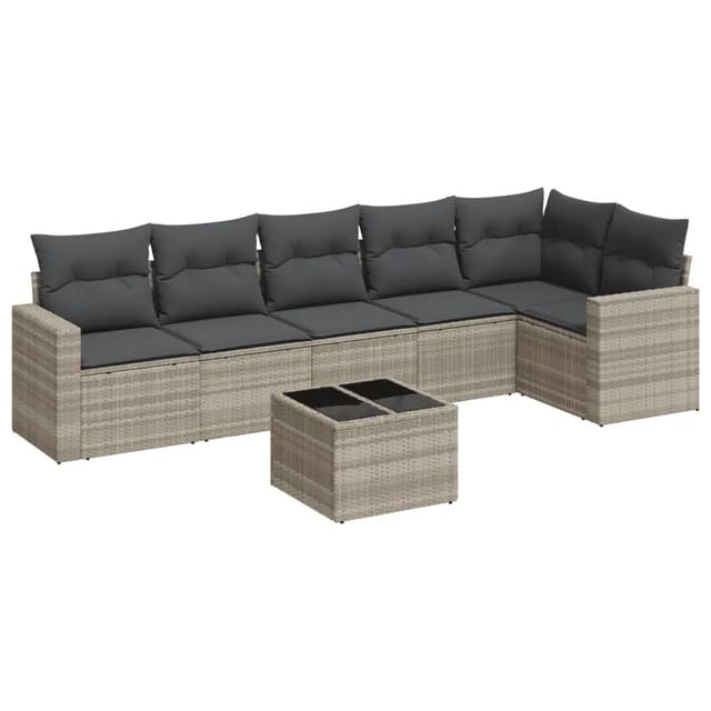vidaXL 7-Tlg Garten-Sofagarnitur mit Kissen Hellgrau Poly Rattan 3251339