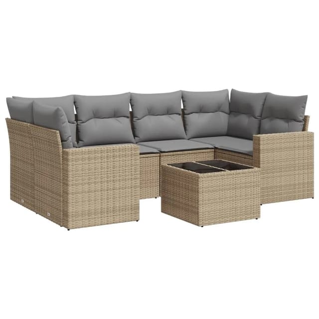 vidaXL 7-Tlg Garten-Sofagarnitur mit Kissen Beige Poly Rattan 3251056
