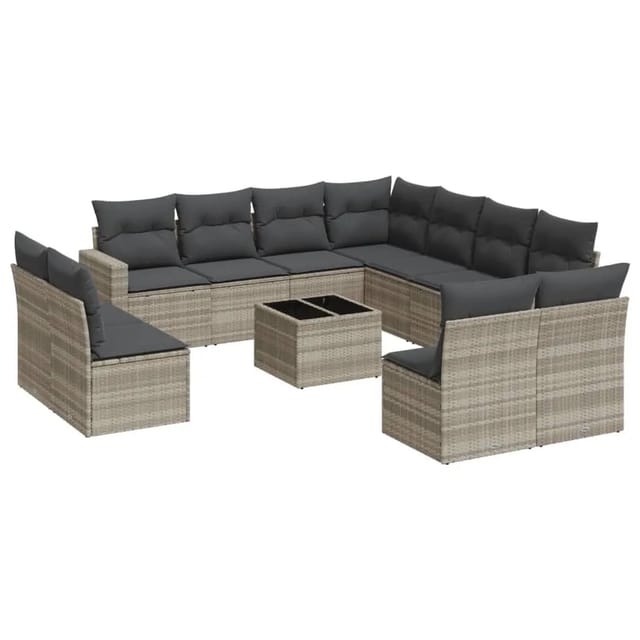 vidaXL 12-Tlg Garten-Sofagarnitur mit Kissen Hellgrau Poly Rattan 3251479