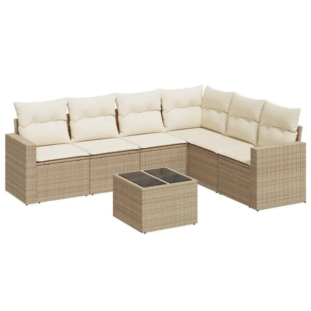 vidaXL 7-Tlg Garten-Sofagarnitur mit Kissen Beige Poly Rattan 3251355