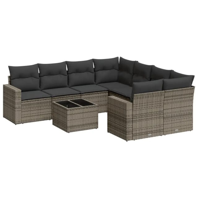 vidaXL 9-Tlg Garten-Sofagarnitur mit Kissen Grau Poly Rattan 3251097