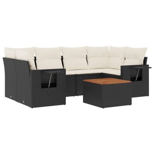 vidaXL 7-Tlg Garten-Sofagarnitur mit Kissen Schwarz Poly Rattan 3224460