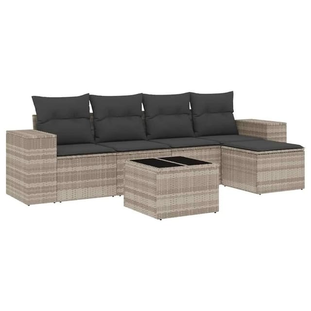 vidaXL 6-Tlg Garten-Sofagarnitur mit Kissen Hellgrau Poly Rattan 3222501