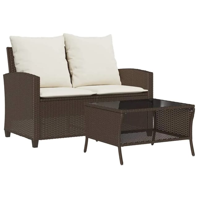 vidaXL Gartensofa 2-Sitzer mit Kissen & Tisch Braun Poly Rattan 4103846