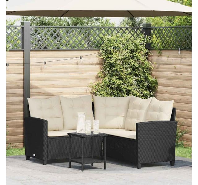 vidaXL Gartensofa in L-Form mit Tisch und Kissen Schwarz Poly Rattan 4103872