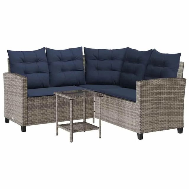 vidaXL Gartensofa in L-Form mit Tisch und Kissen Grau Poly Rattan 4103879