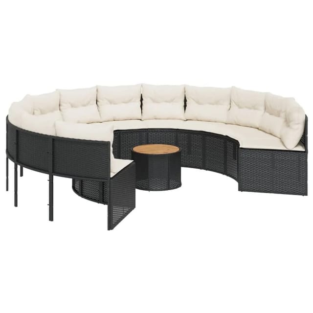 vidaXL Gartensofa mit Tisch und Kissen Rund Schwarz Poly-Rattan 3318548
