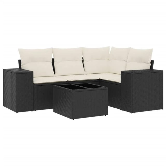 vidaXL 5-Tlg Garten-Sofagarnitur mit Kissen Schwarz Poly Rattan 3222515