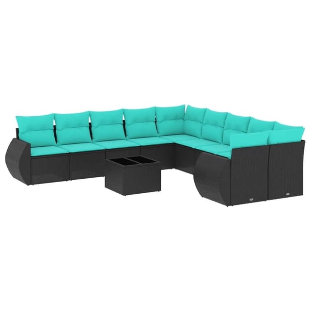 vidaXL 11-Tlg Gartensofa-Set mit Kissen Schwarzes Polyrattan 3221916