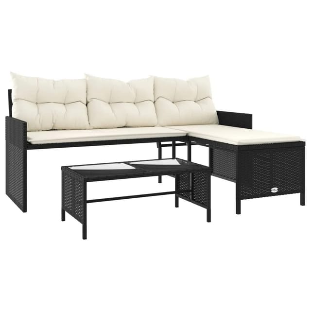 vidaXL Gartensofa in L-Form mit Tisch und Kissen Schwarz Poly Rattan 365571
