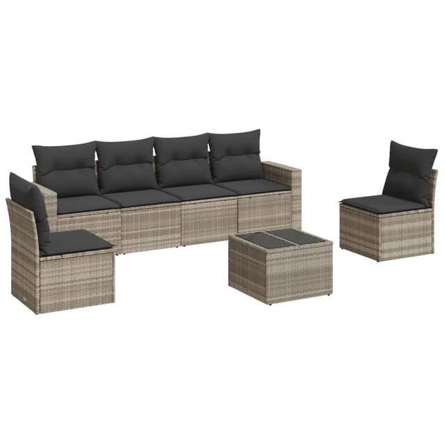 vidaXL 7-Tlg Garten-Sofagarnitur mit Kissen Hellgrau Poly Rattan 3251159