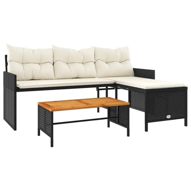 vidaXL Gartensofa in L-Form mit Tisch und Kissen Schwarz Poly Rattan 365581