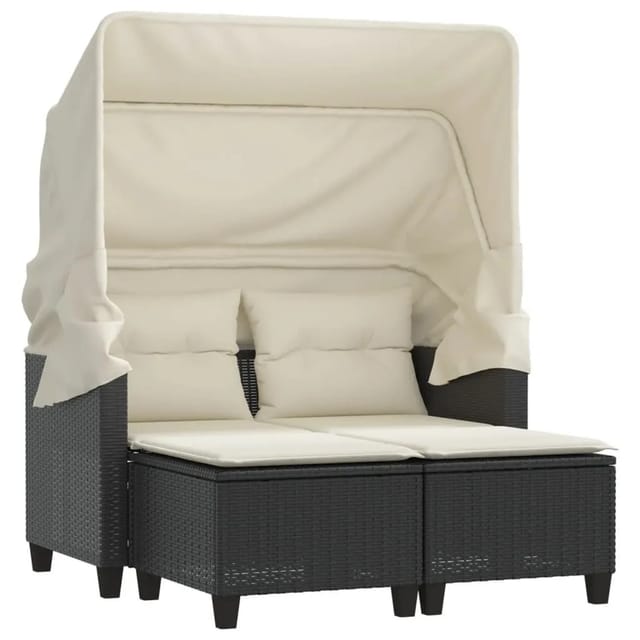 vidaXL Gartensofa 2-Sitzer mit Dach und Hockern Schwarz Poly Rattan 365780