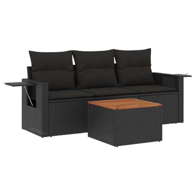 vidaXL 4-Tlg Garten-Sofagarnitur mit Kissen Schwarz Poly Rattan 3224431