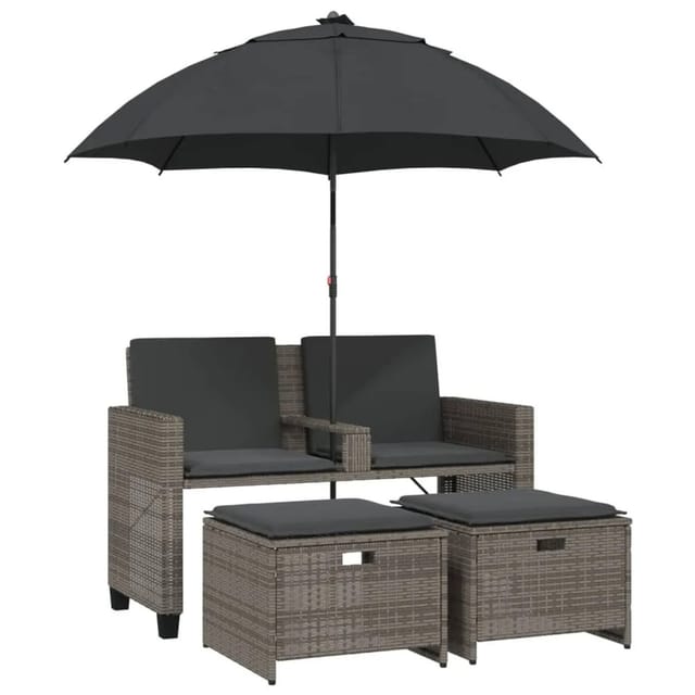 vidaXL Gartensofa 2-Sitzer Sonnenschirm und Hocker Grau Poly Rattan 365885