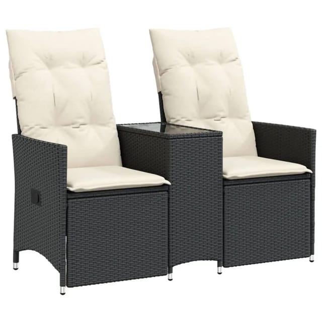 vidaXL Gartensofa 2-Sitzer Verstellbar mit Tisch Schwarz Poly Rattan 365710