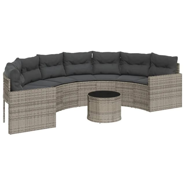 vidaXL Gartensofa mit Tisch und Kissen Halbrund Grau Poly Rattan 3318518