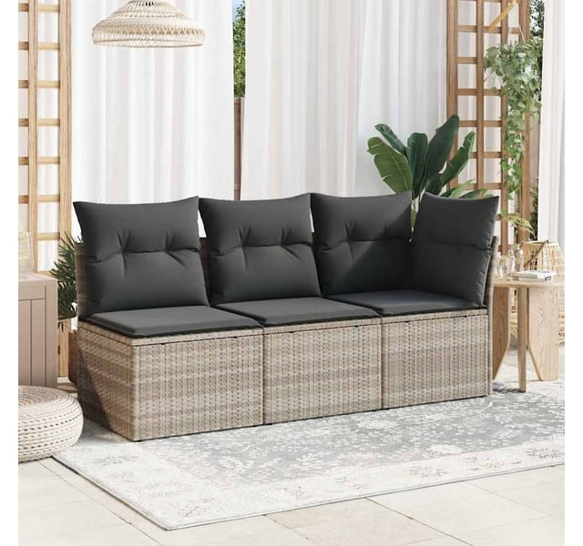 vidaXL Gartensofa mit Kissen 3-Sitzer Hellgrau Poly Rattan 366193