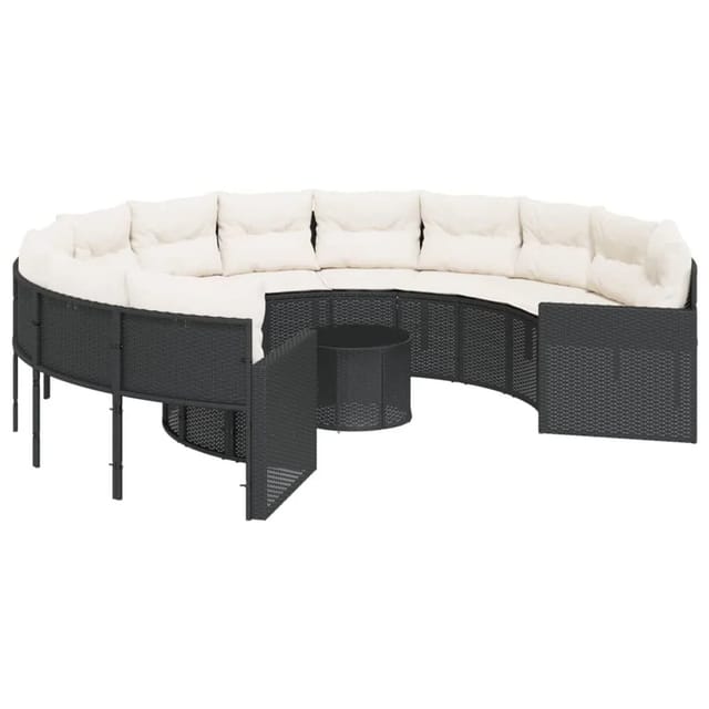 vidaXL Gartensofa mit Tisch und Kissen Rund Schwarz Poly-Rattan 3318535