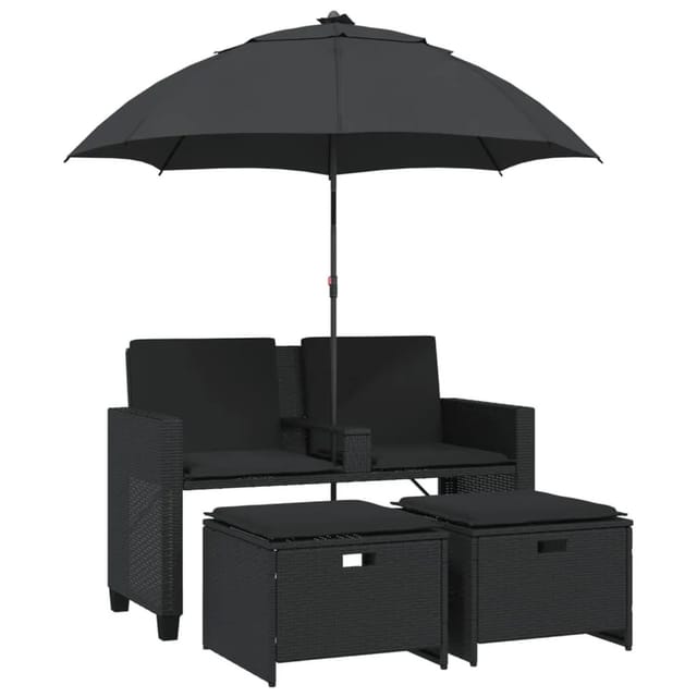 vidaXL Gartensofa 2-Sitzer Sonnenschirm und Hocker Schwarz Poly-Rattan 365883