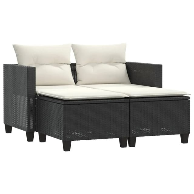 vidaXL Gartensofa 2-Sitzer mit Hockern Schwarz Poly Rattan 365790